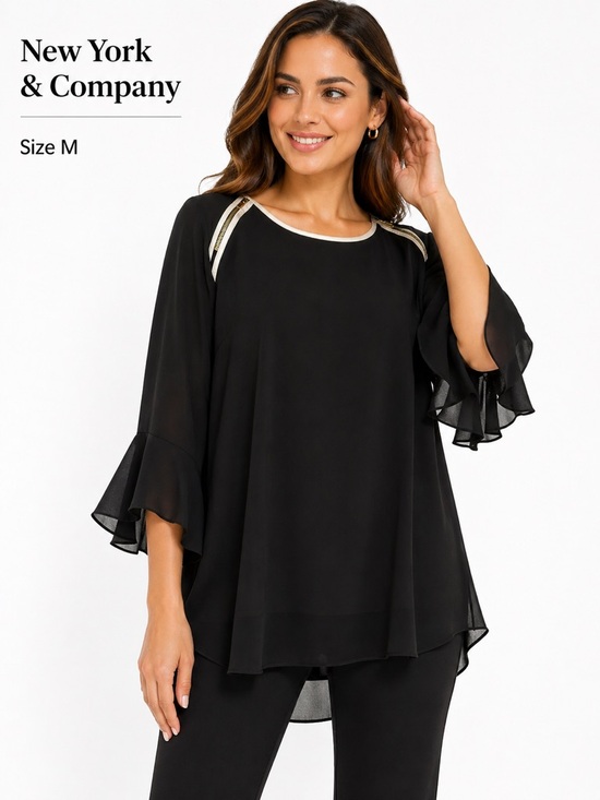 New York & Company Tops - NEW New York & Company Black Bell Sleeve Ruffle Blouse Top Size M